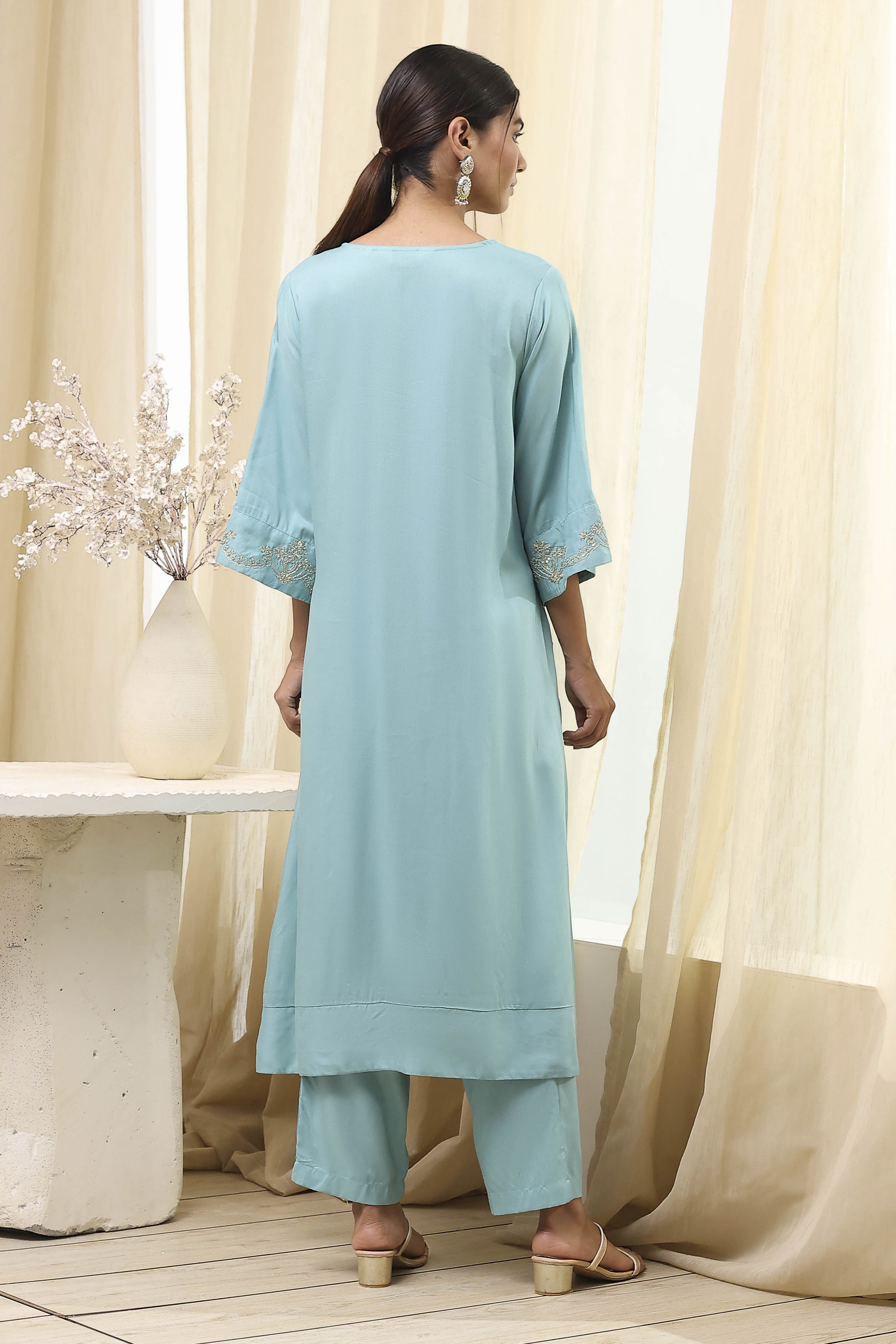 Dull Blue Solid A-Line Suit Set image number 4