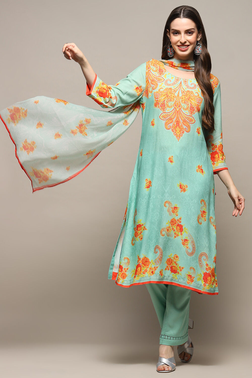 Sea Green Poly Chiffon Narrow Kurta Pant Suit Set image number 0