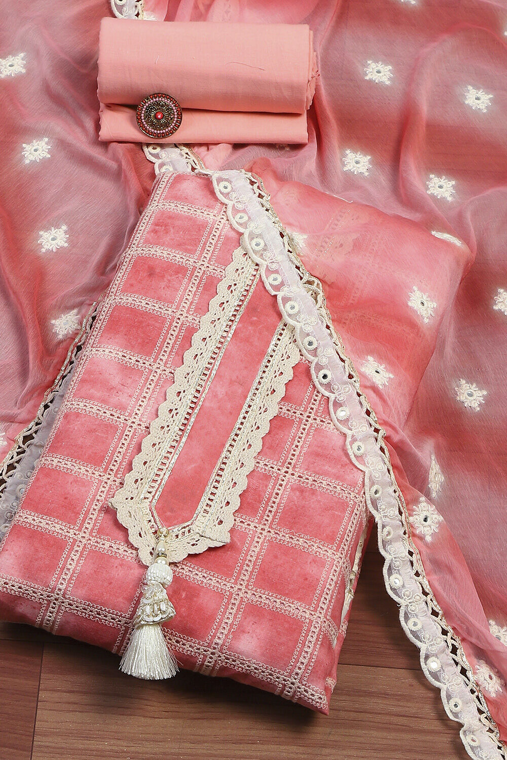 Pink Cotton Schiffly Unstitched Suit Set image number 0