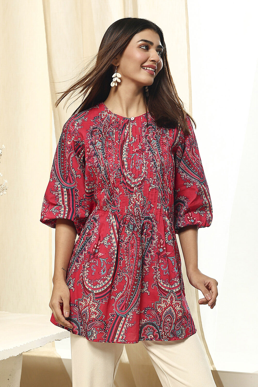 Magenta Cotton Printed A-Line Short Kurta image number 6