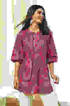 Magenta Cotton Printed A-Line Short Kurta image number 6