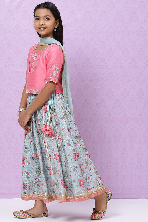 Pink And Turq Straight Poly Cotton Girls Lehenga Set image number 5