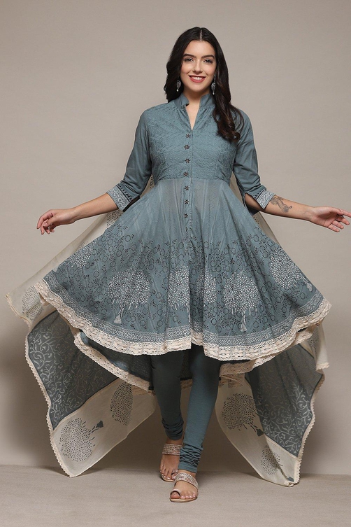 Buy Turquoise Cotton Anarkali Solid Kurta Churidar Suit Set Online