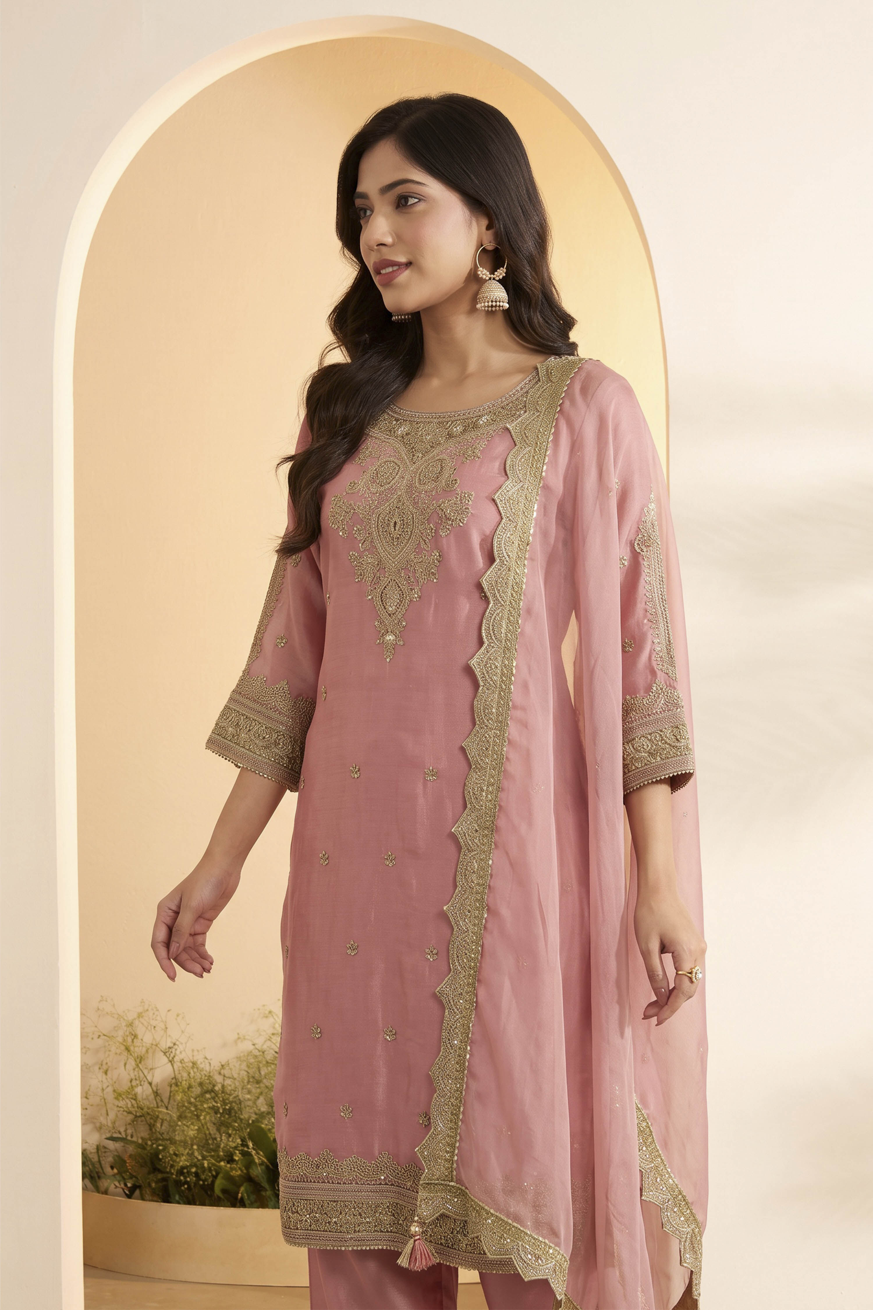 Rose Pink Viscose Rayon Embellished Suit Set image number 1