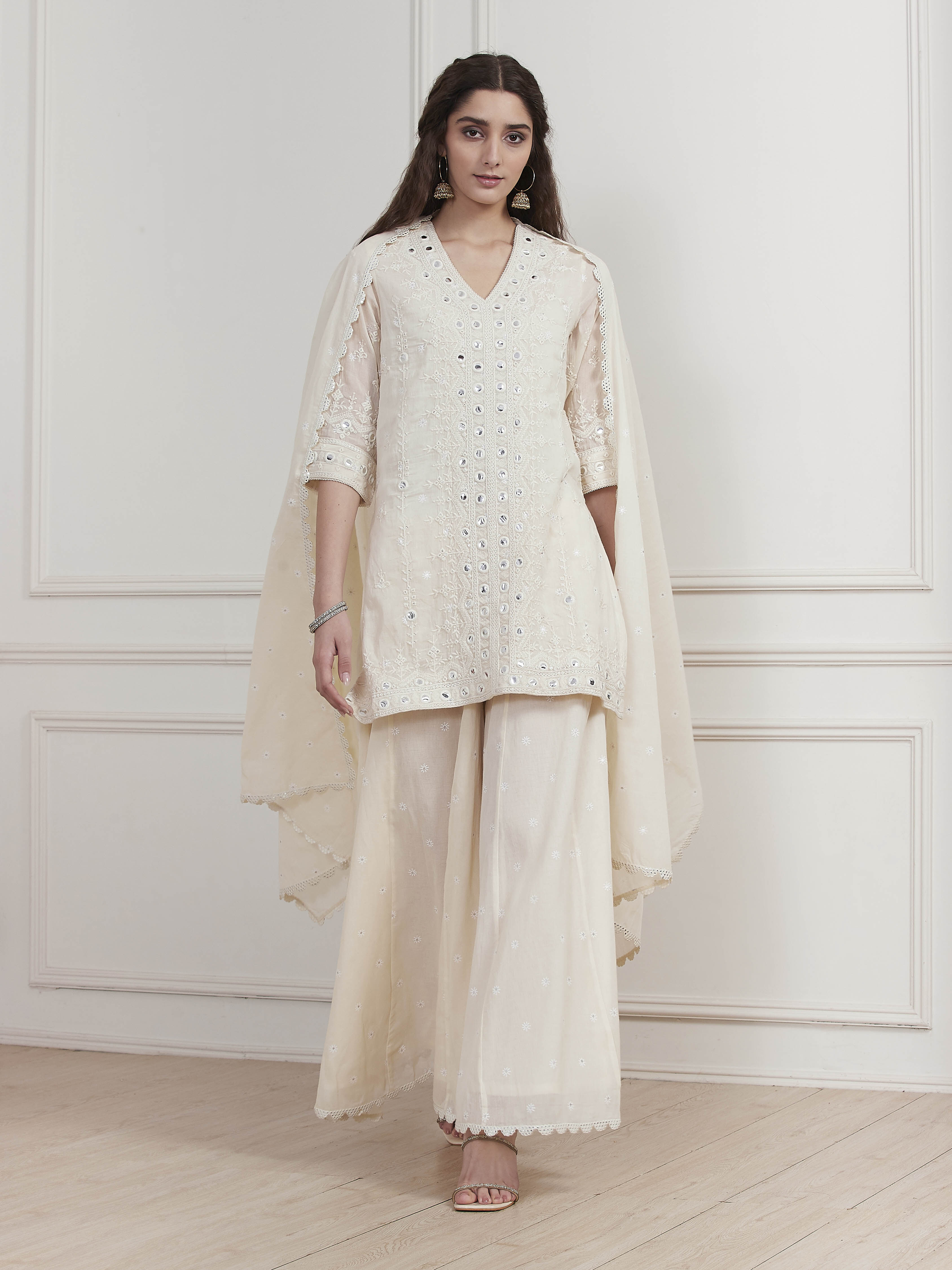 Ecru Cotton Embroidered Straight Sharara Suit Set image number 8