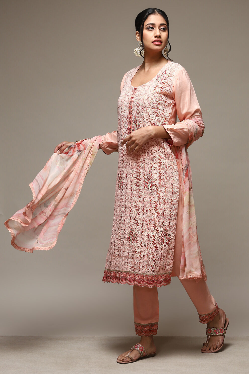 Peach Muslin Lace Unstitched Suit Set image number 5