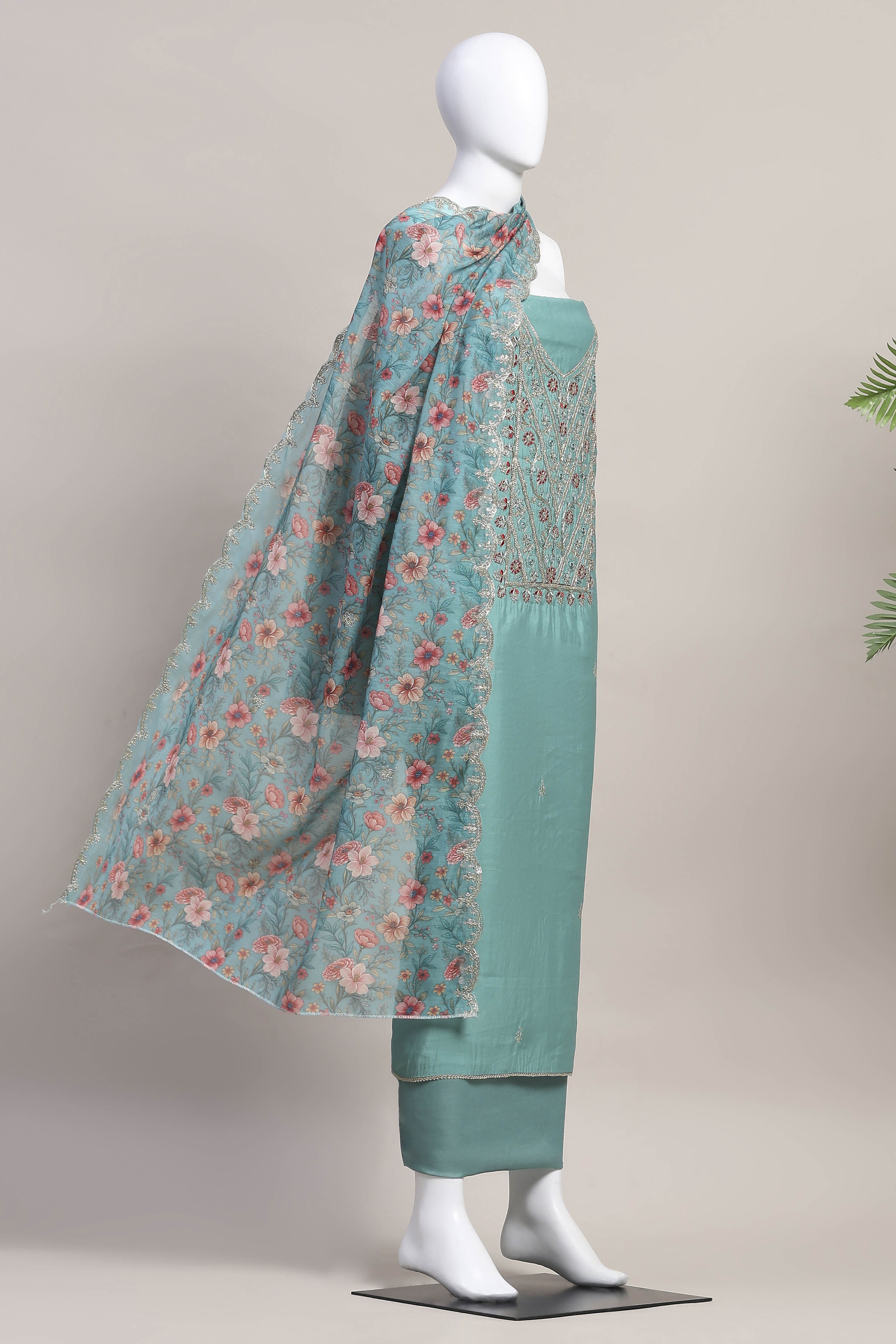 Teal Chanderi Unstitched Suit Set image number 4
