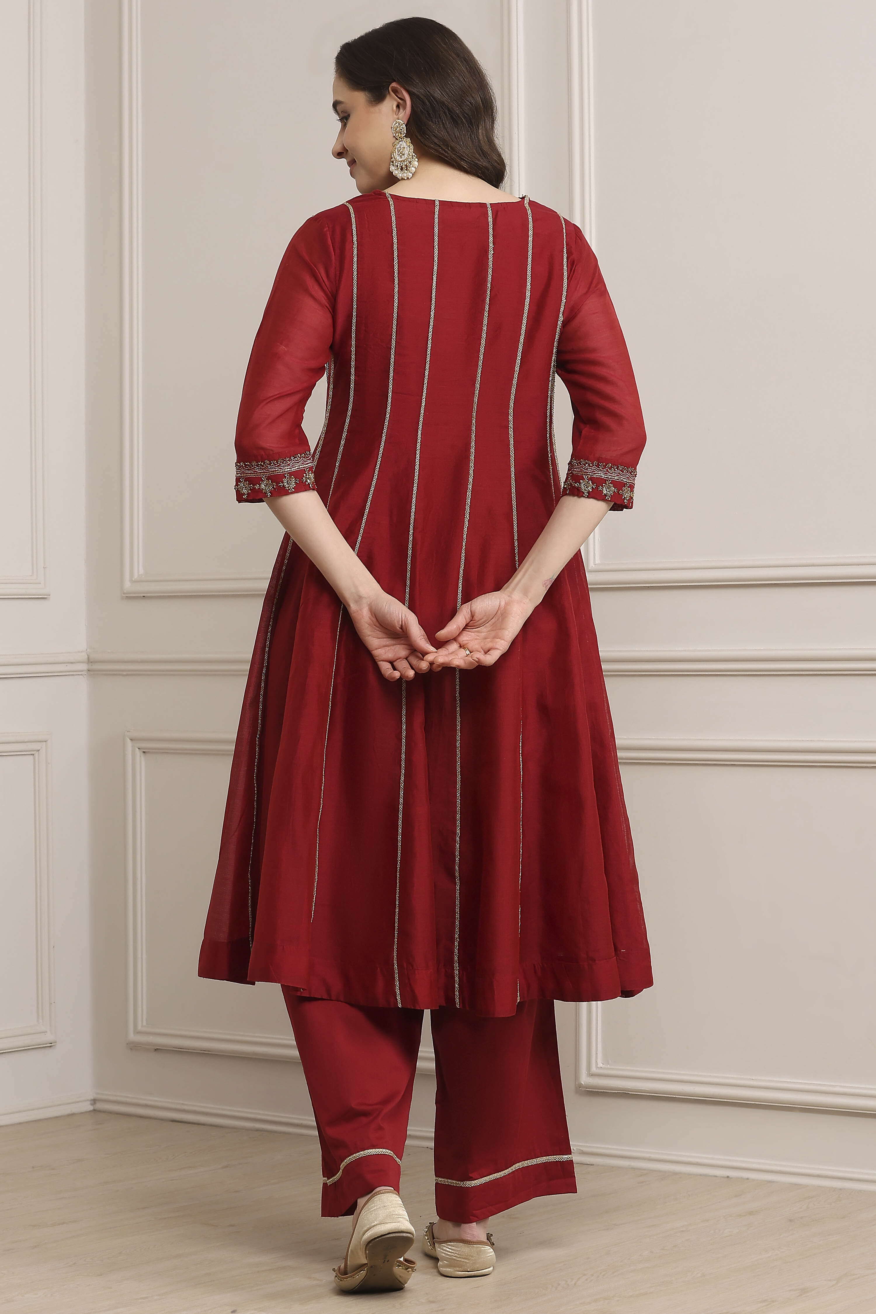 Red Chanderi Kalidar Dyed Suit Set image number 4
