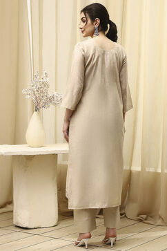 Beige Chanderi Embroidered Unstitched Suit Set image number 5