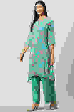 Turquoise Viscose A-Line Kurta Palazzo Suit Set image number 3