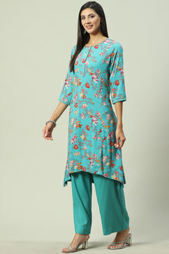 Turquoise Viscose A-Line Kurta Palazzo Suit Set image number 3