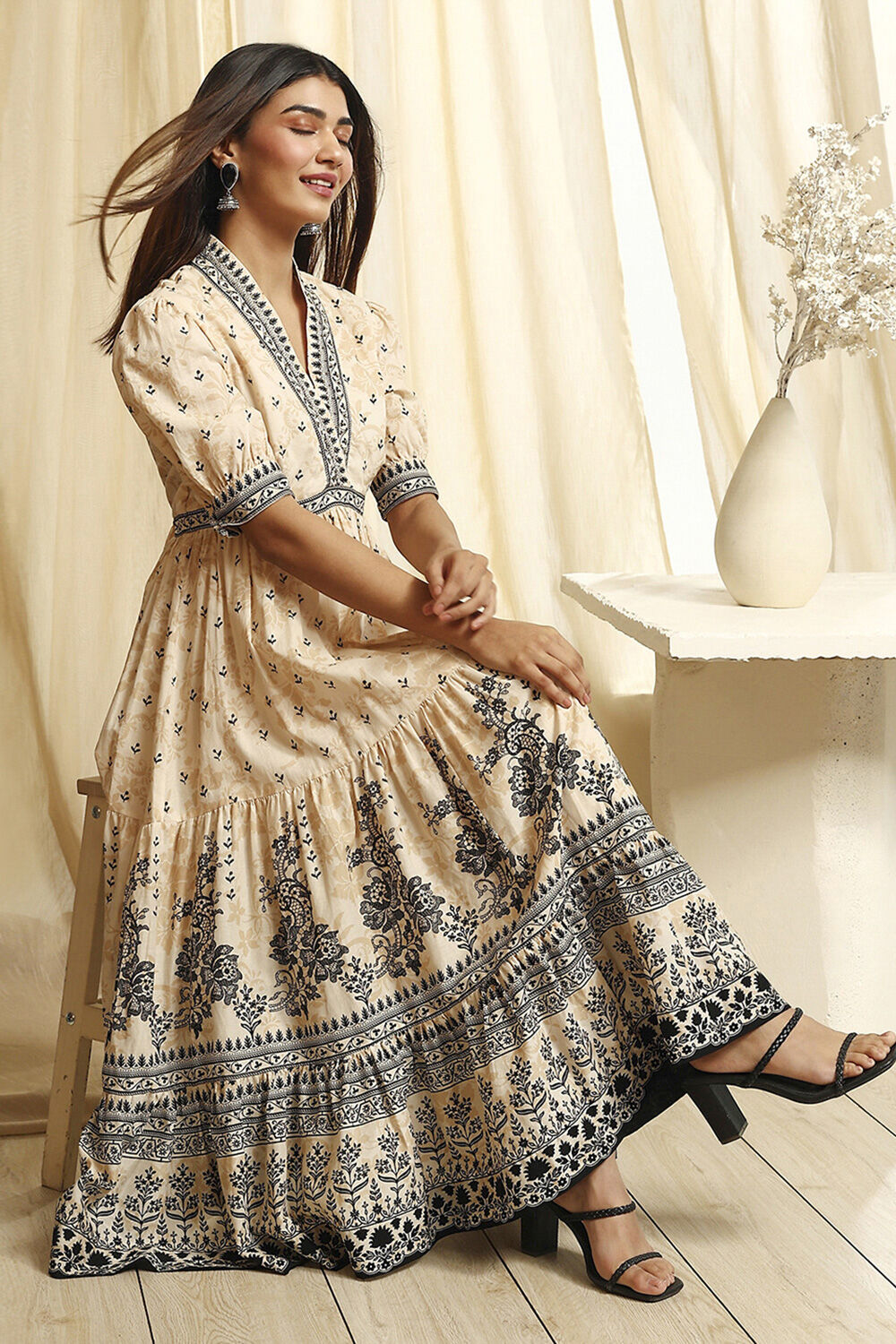 Off-White and Black Cotton Printed Tiered Dress image number 0