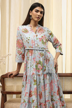 Light Blue Cotton Floral Tiered Dress image number 1