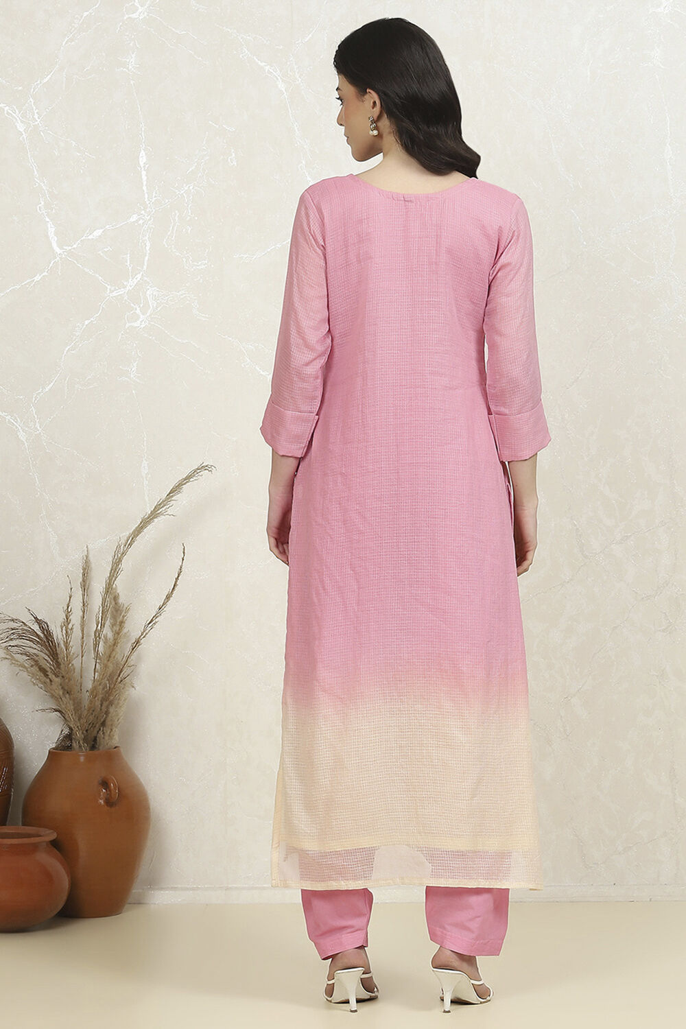 Pink Cotton Hand Embroidered Unstitched Suit Set image number 5