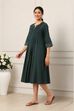 Green Cotton Solid Pleated A-Line Dress image number 0