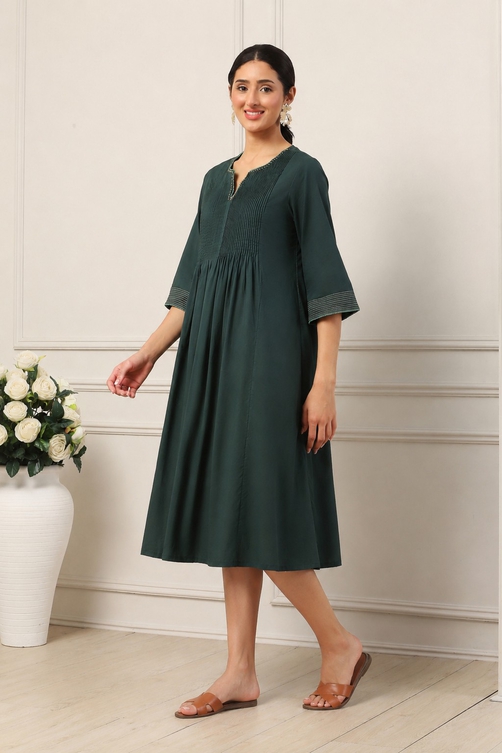 Buy Green Cotton Solid Pleated A-Line Dress Online at Biba India Buy Green Cotton Solid Pleated A-Line Dress Online at Biba India