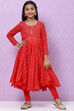 Red Cotton Girls Anarkali Kurta Churidar Suit Set image number 5