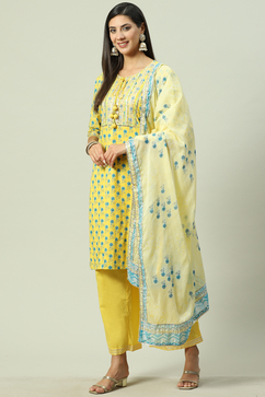 Yellow Cotton Straight Kurta Palazzo Suit Set image number 5