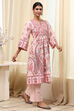 Peach-Colored Cotton Floral A-Line Kurta Set image number 5
