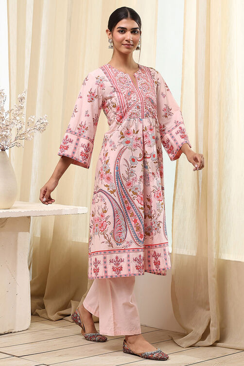 Peach-Colored Cotton Floral A-Line Kurta Set image number 5