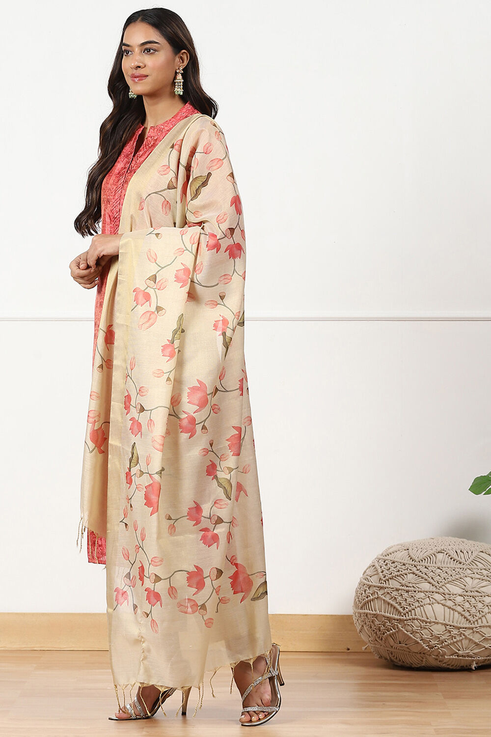 Red Cotton Printed Unstitched Kurta Set image number 5