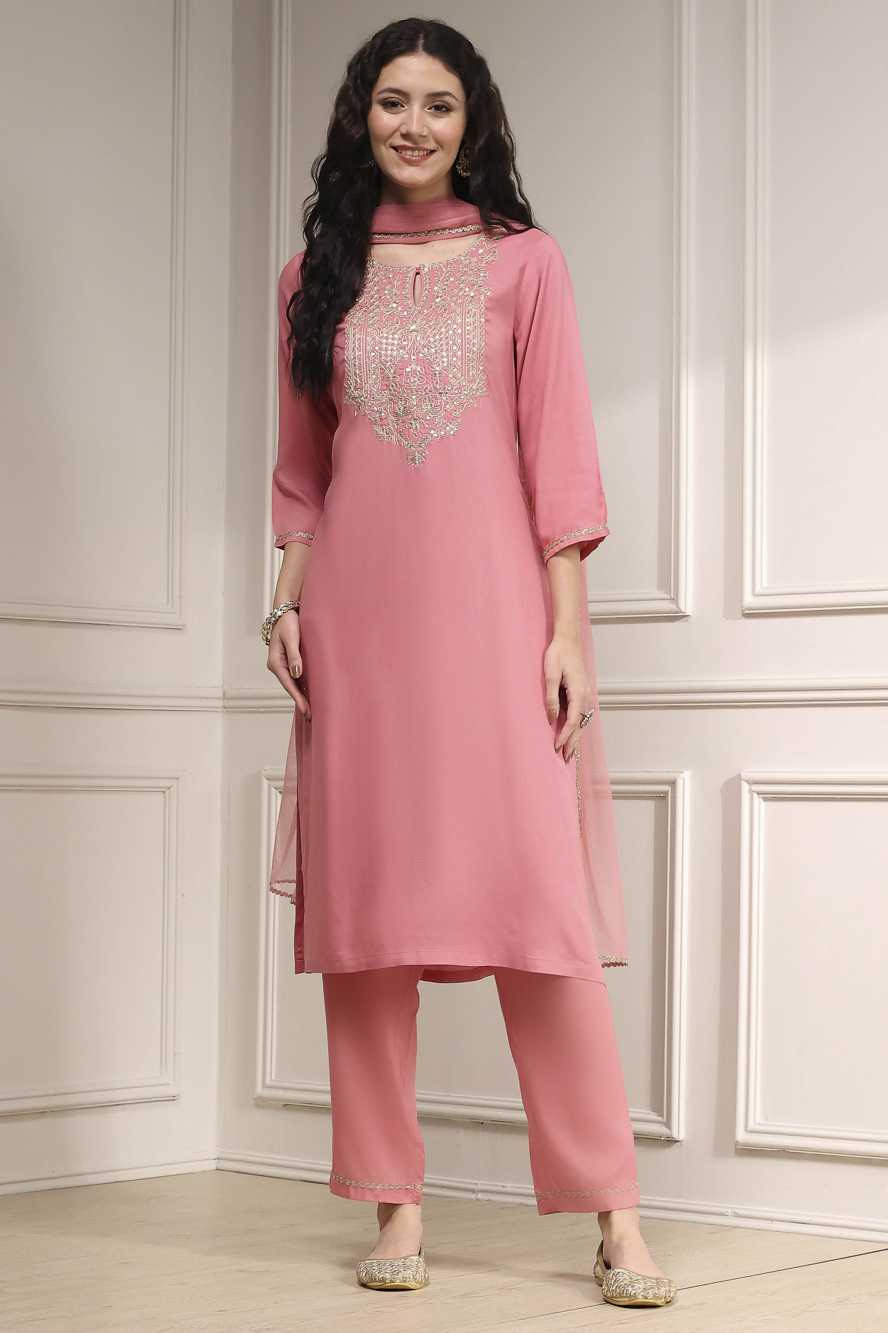 Pink Embroidered Straight Suit Set image number 6
