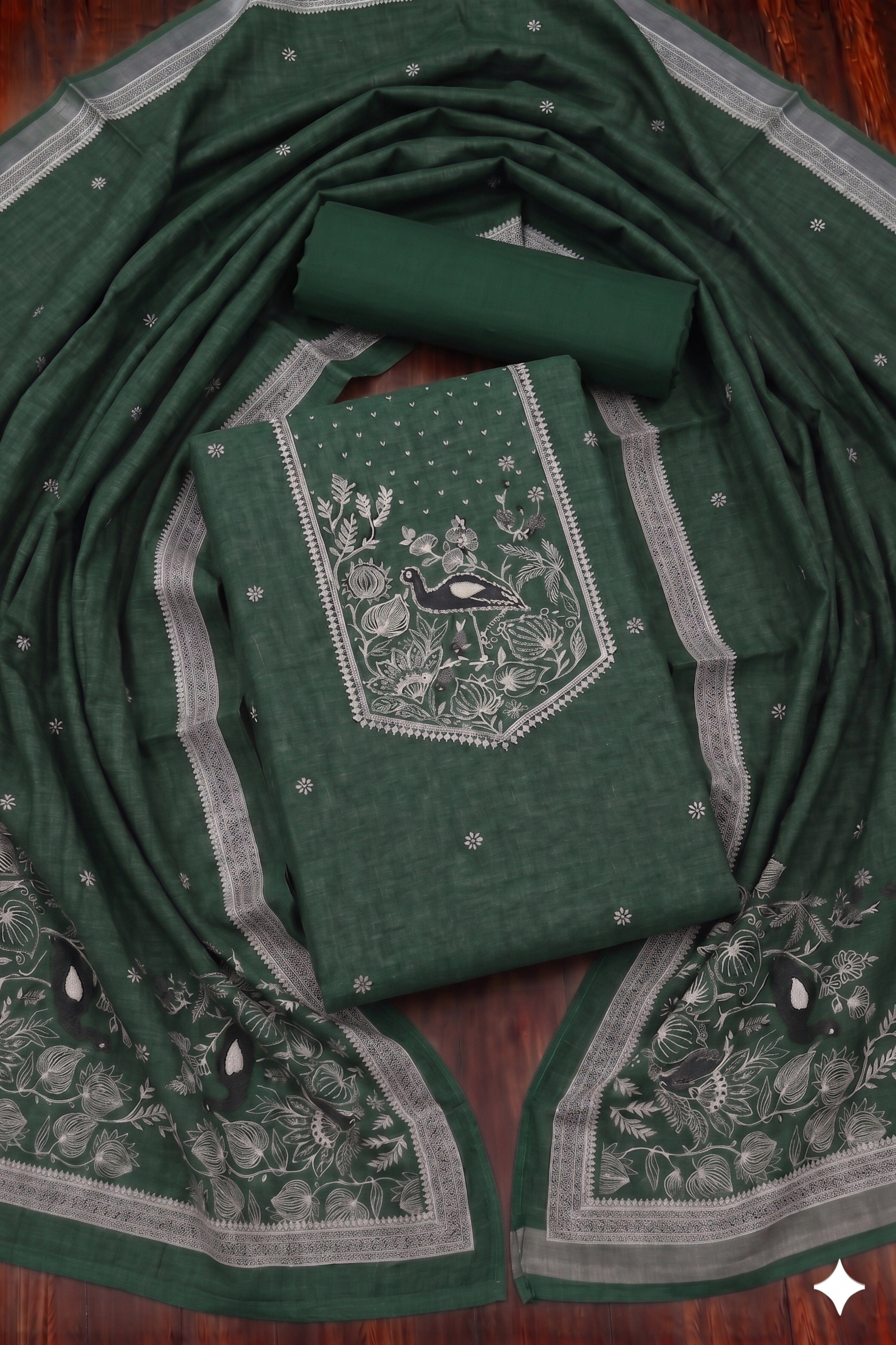 Green Linen Jamdani Unstitched Suit Set image number 0