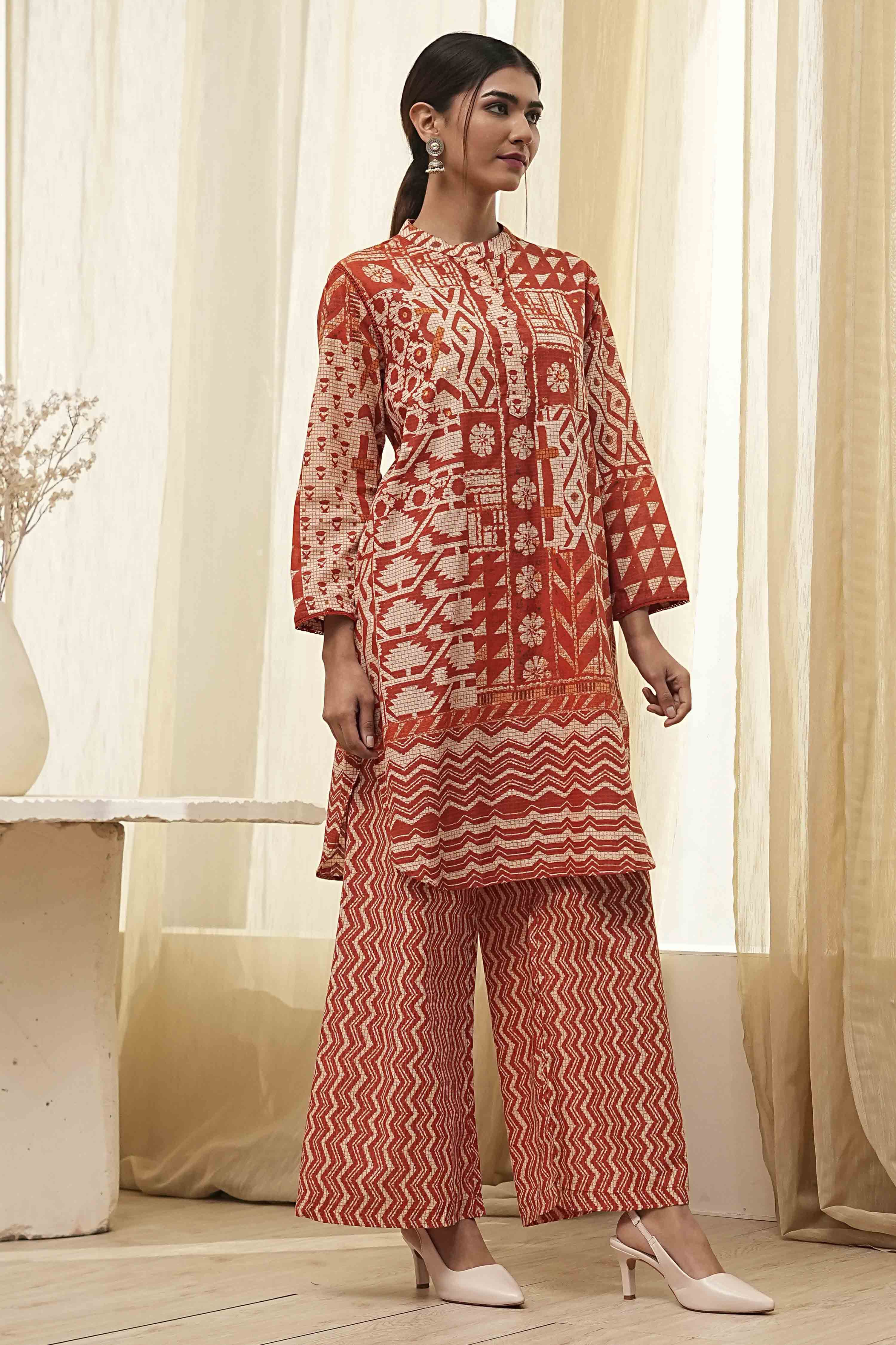 Rust Pure Cotton Printed Kurta Set image number 5