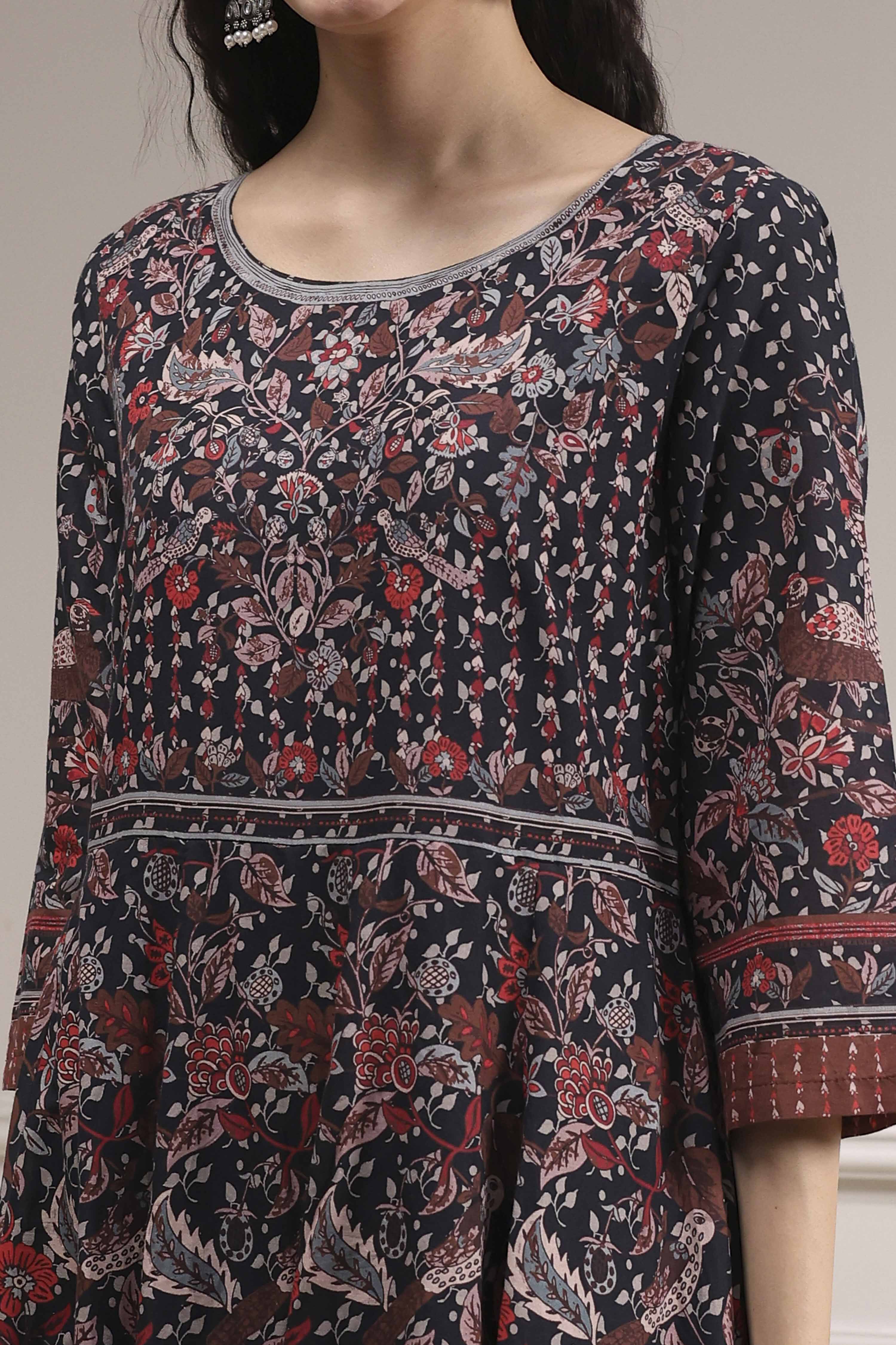 Black Cotton Fitted Anarkali Suit Set image number 1