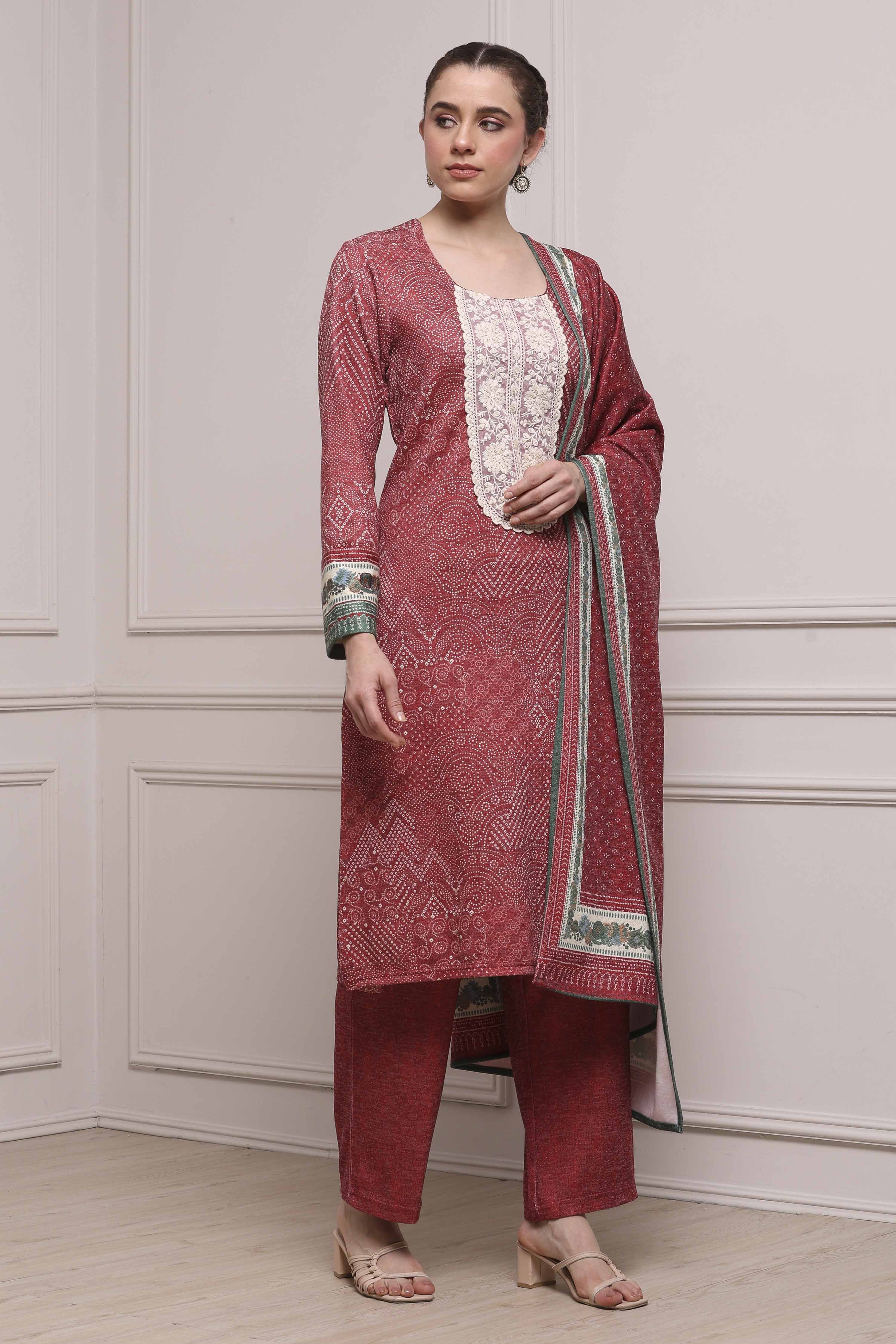 Black Printed Straight Winter Suit Set image number 5