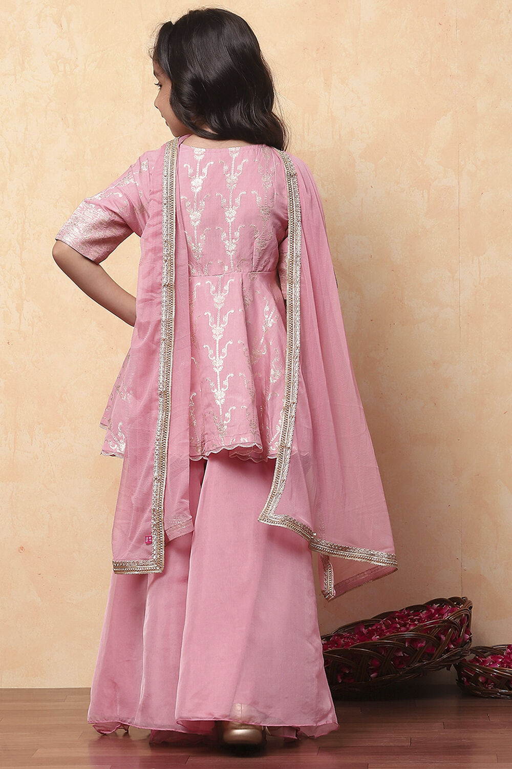 Peach Viscose Rayon Printed Front Open Sharara Suit Set image number 4