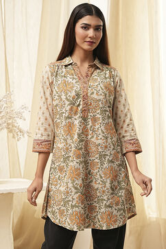 Honey Beige Cotton Floral Short Straight Kurta image number 5