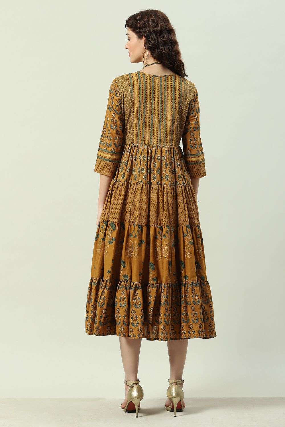 Ochre Cotton Printed Flared Tiered Dress image number 4