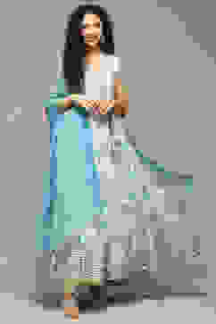 Off White Linen Anarkali Kurta Churidar Suit Set image number 7