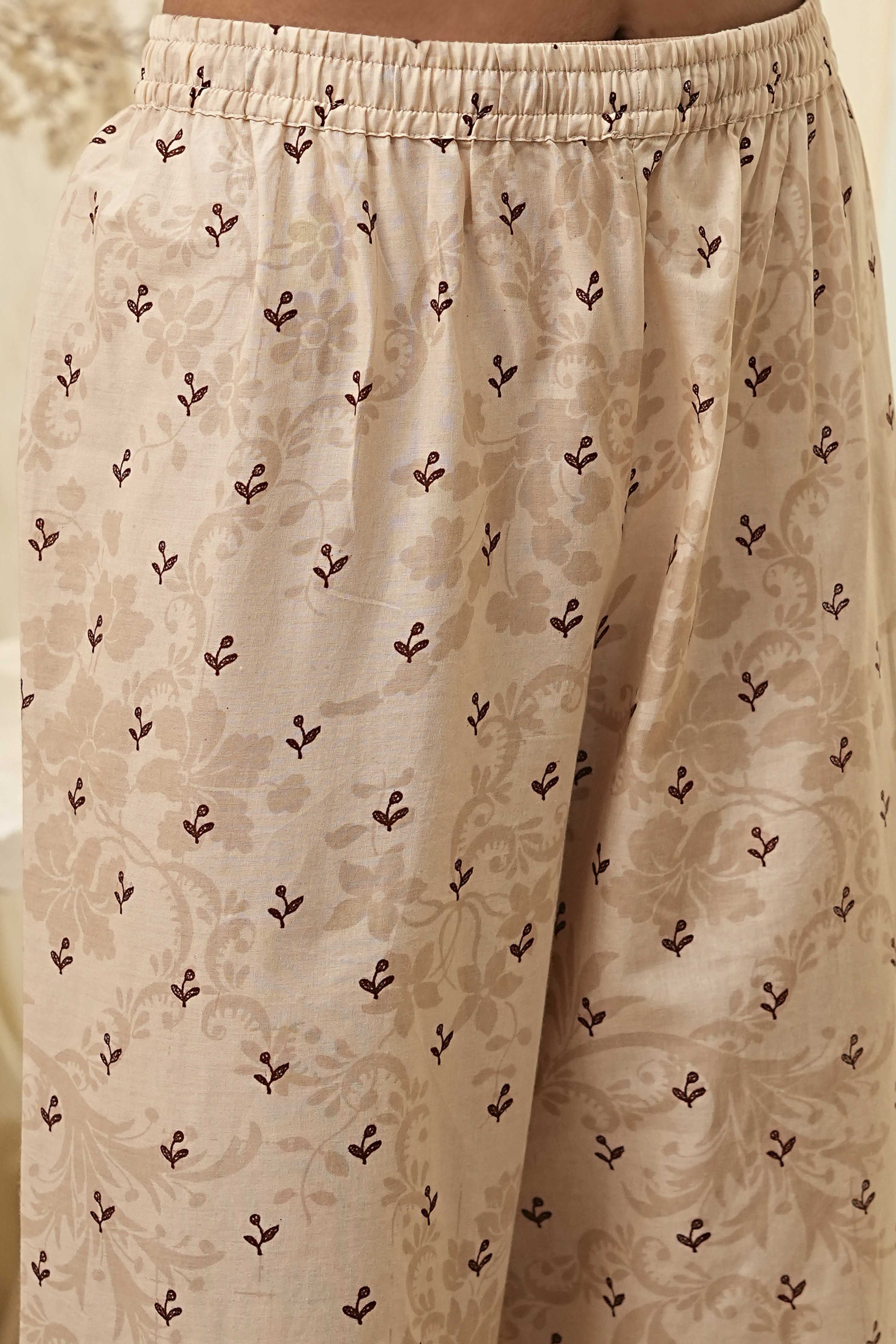 Beige and Brown Pure Cotton Printed Kurta Set image number 2