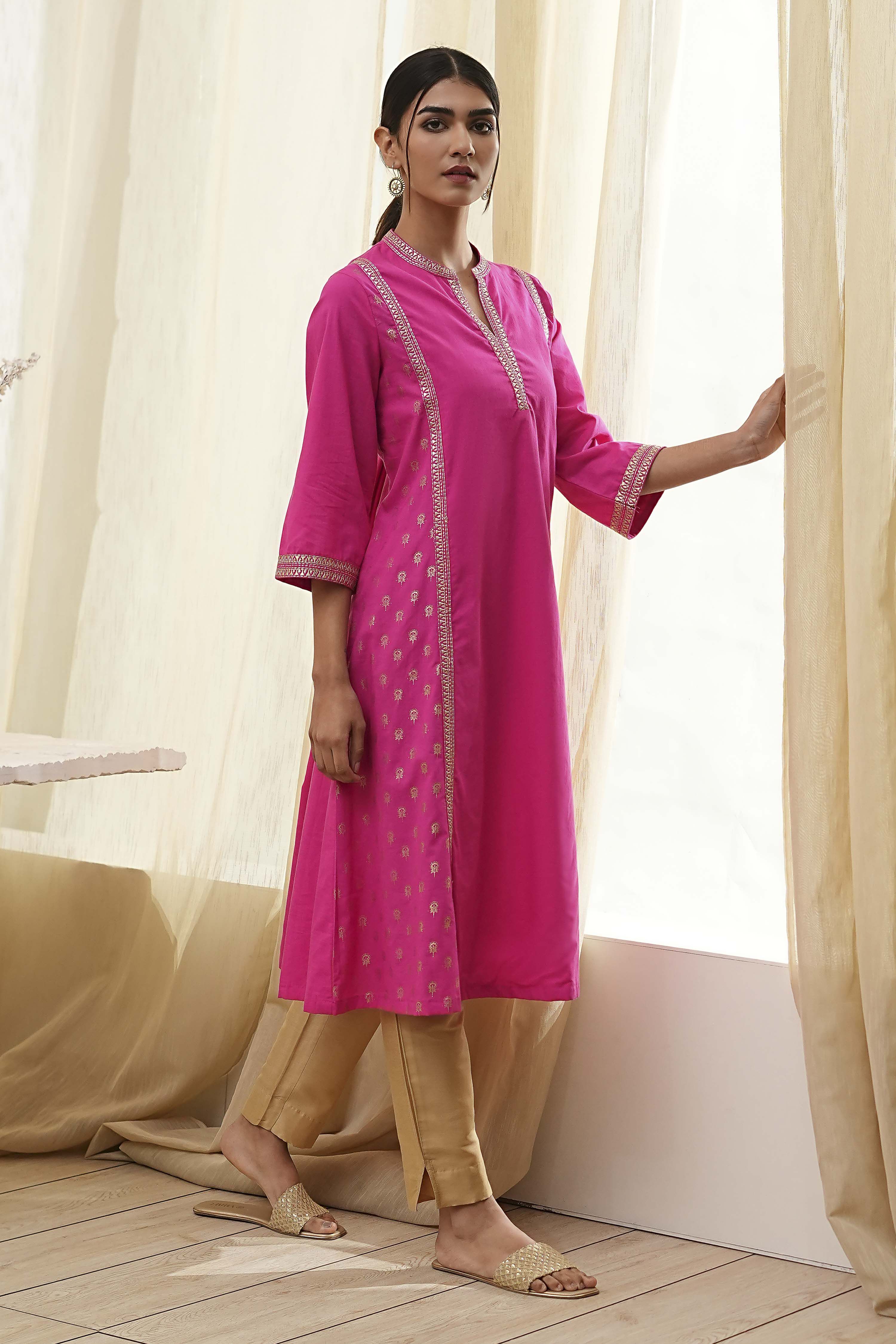 Fuchsia Cotton Printed A-Line Kurta image number 0