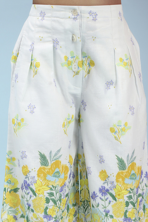 White Cotton Floral Printed Top and Pant Set image number 2