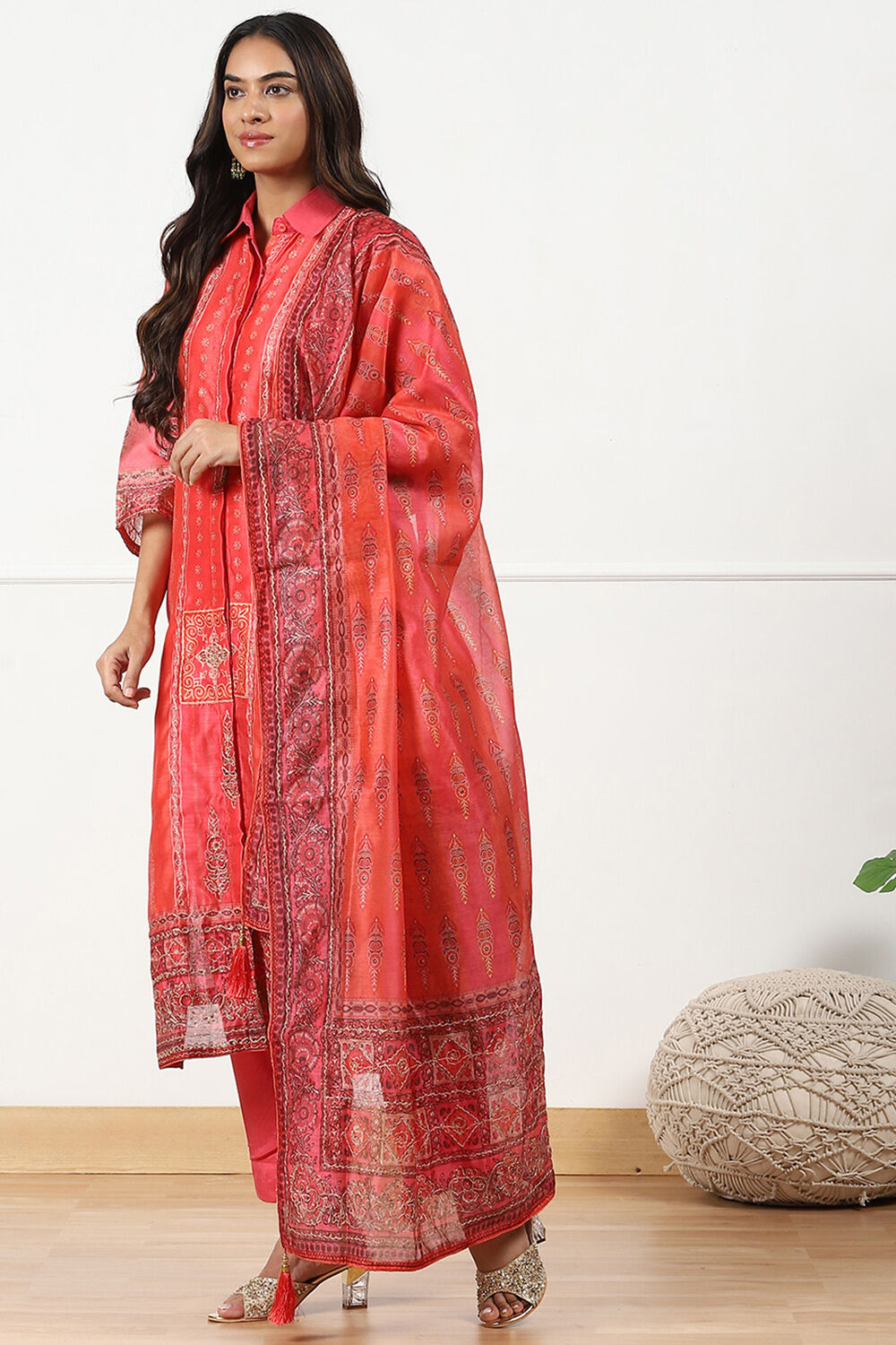 Mustard Yellow Chanderi Printed Unstitched Suit Set image number 4