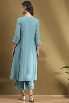 Turquoise Embroidered Festive Kalidar Suit Set image number 4