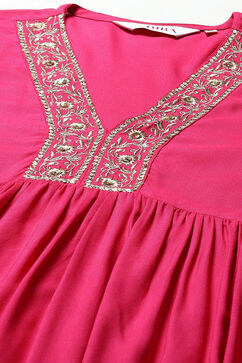 Fuchsia LIVA Gathered Kurta Palazzo Suit Set image number 1