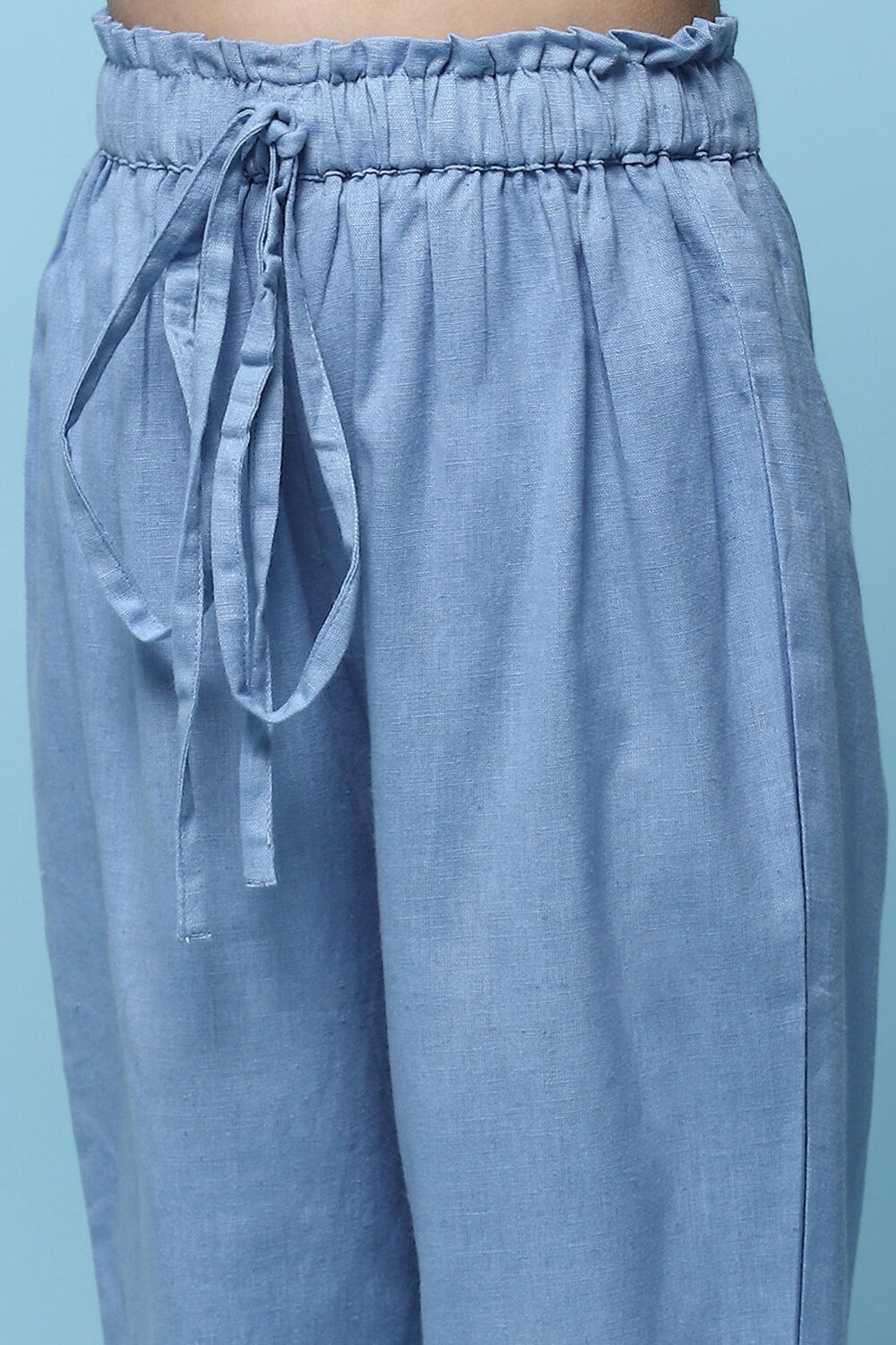 White & Blue Printed Cotton Tiered Kurta With Pants & Scarf image number 2