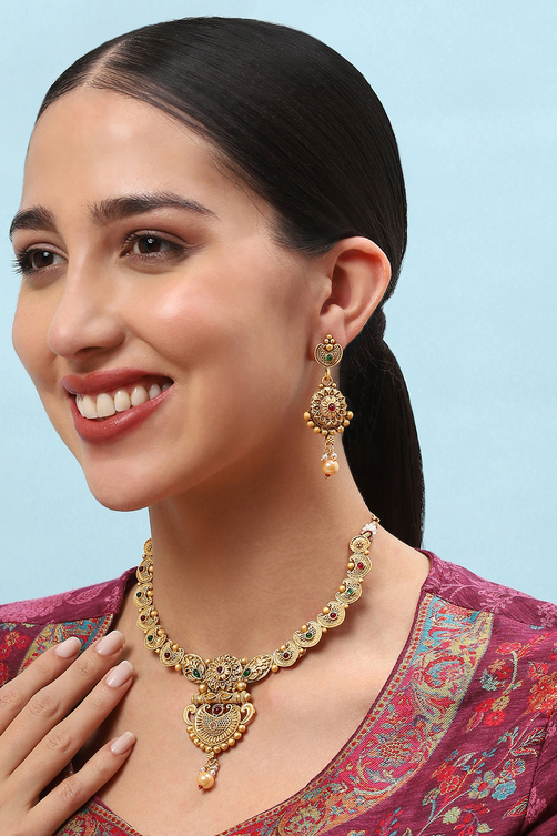 Gold Brass Necklace Set image number 1