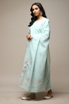 Turquoise Linen Digital Print Unstitched Suit Set image number 6
