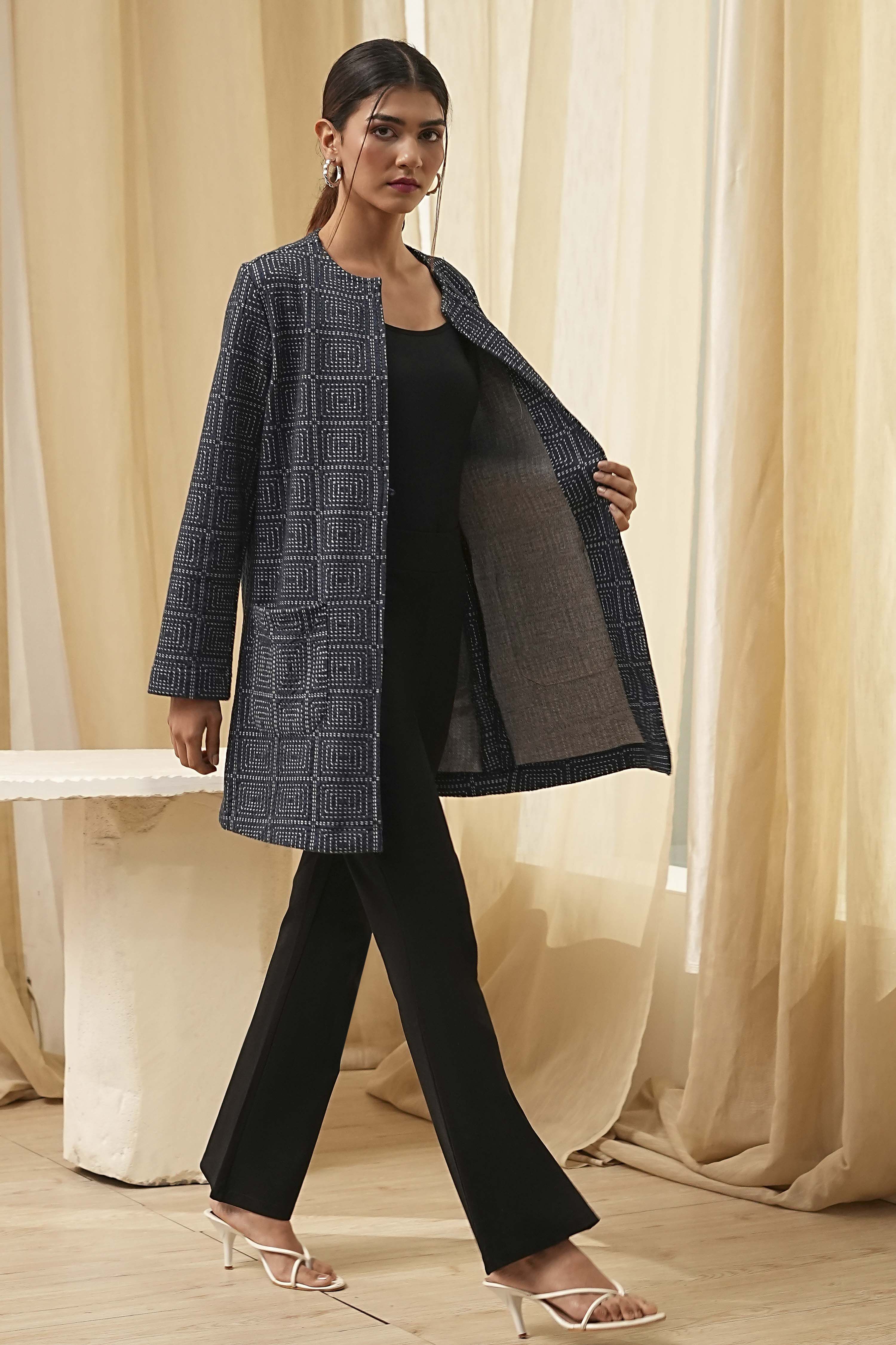 Navy Blue Printed Straight Jacket image number 6