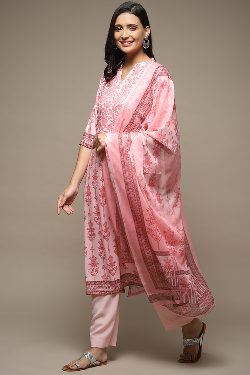 Beige Chanderi Machine Embroidered Unstitched Suit Set image number 5