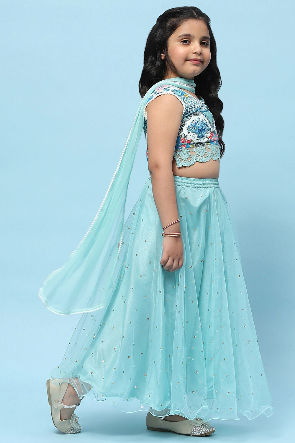 Sea Green Cotton Printed and Glittered Lehenga Set image number 6