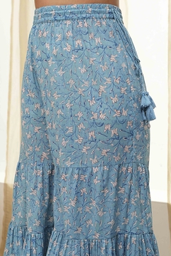 White and Blue Cotton Floral Flared Suit Set image number 2