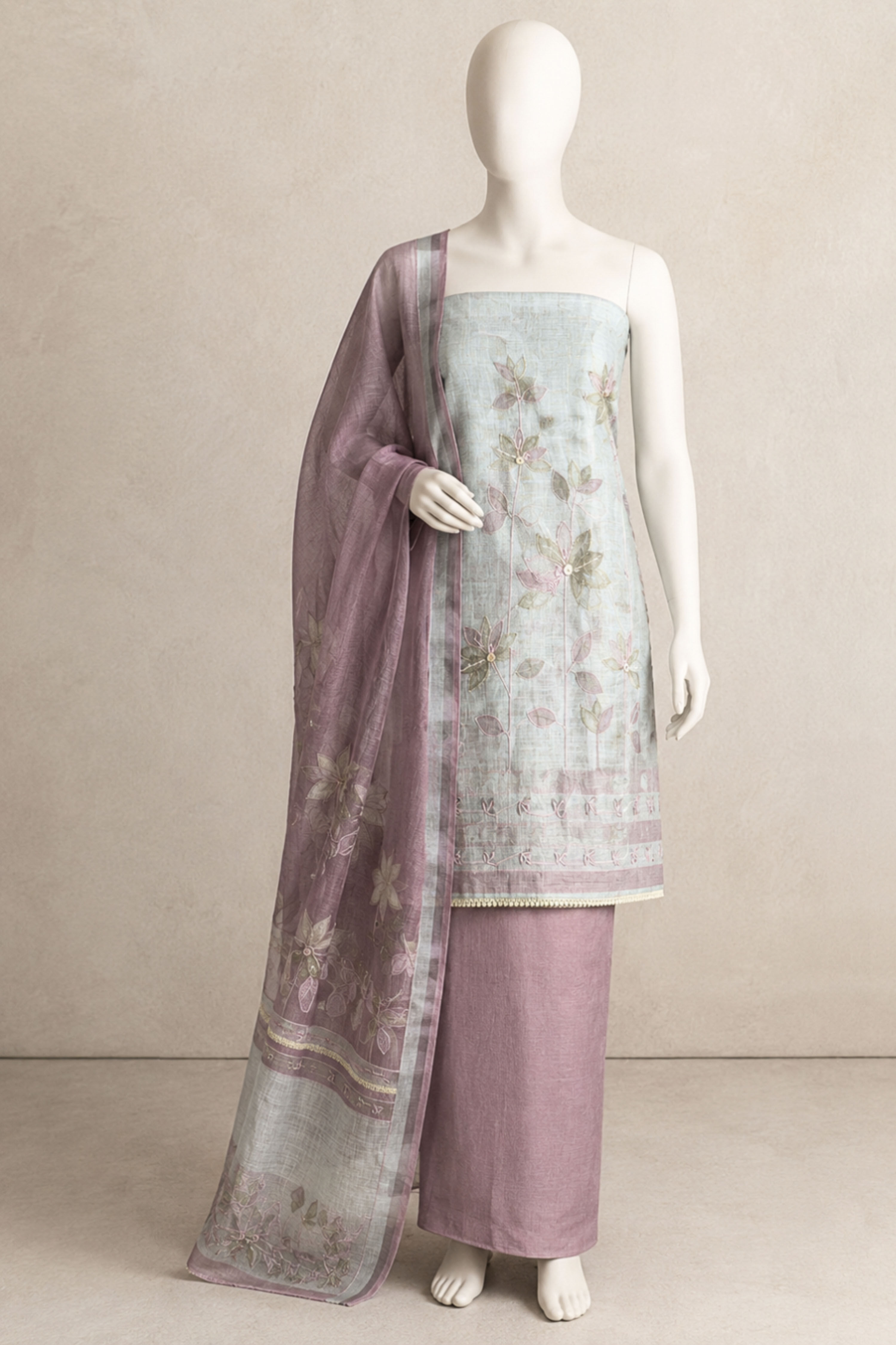 Pink Linen Printed Unstitched Suit Set image number 5