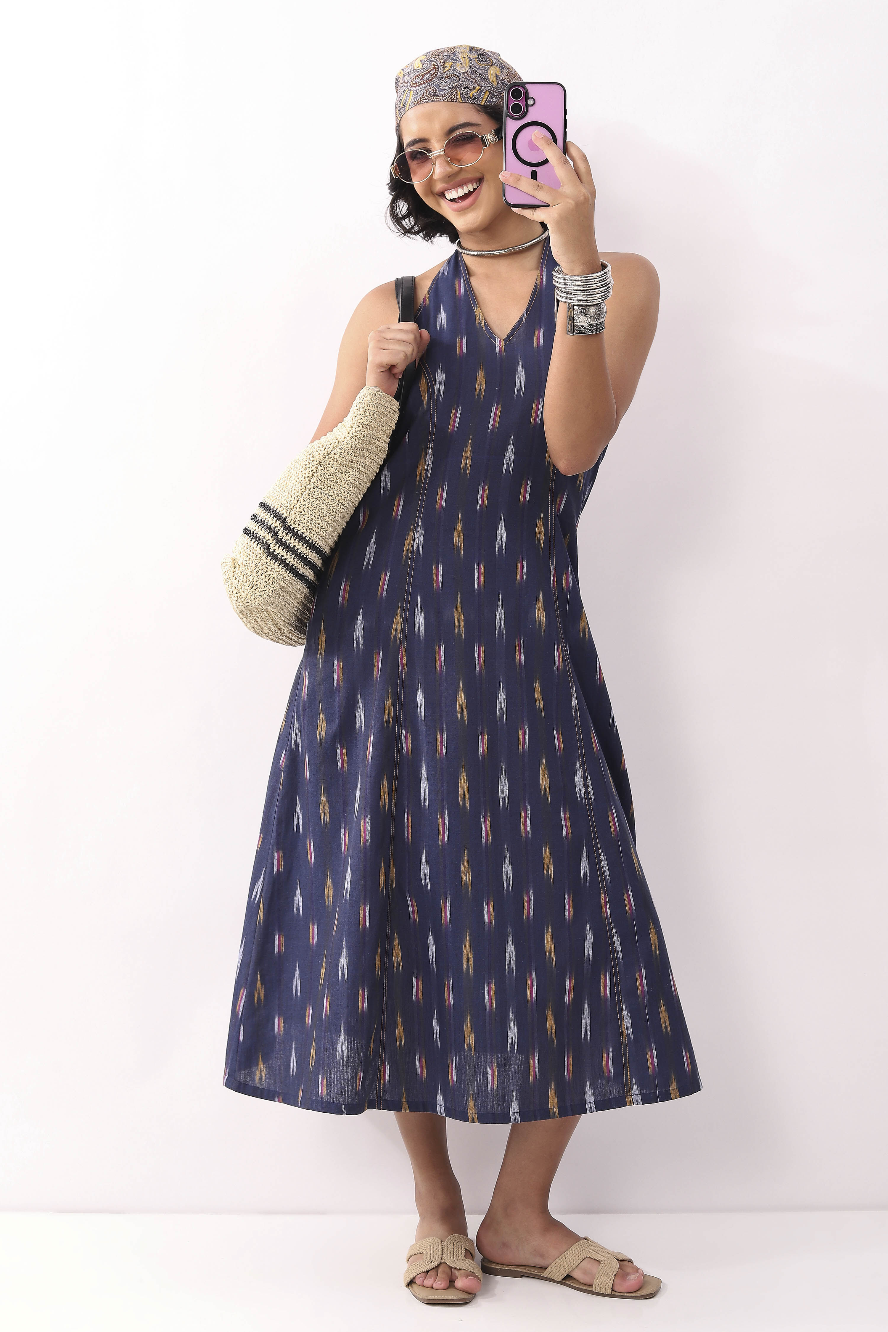Navy Blue Cotton Abstract A-Line Midi Dress image number 0