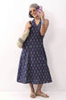 Navy Blue Cotton Abstract A-Line Midi Dress image number 0